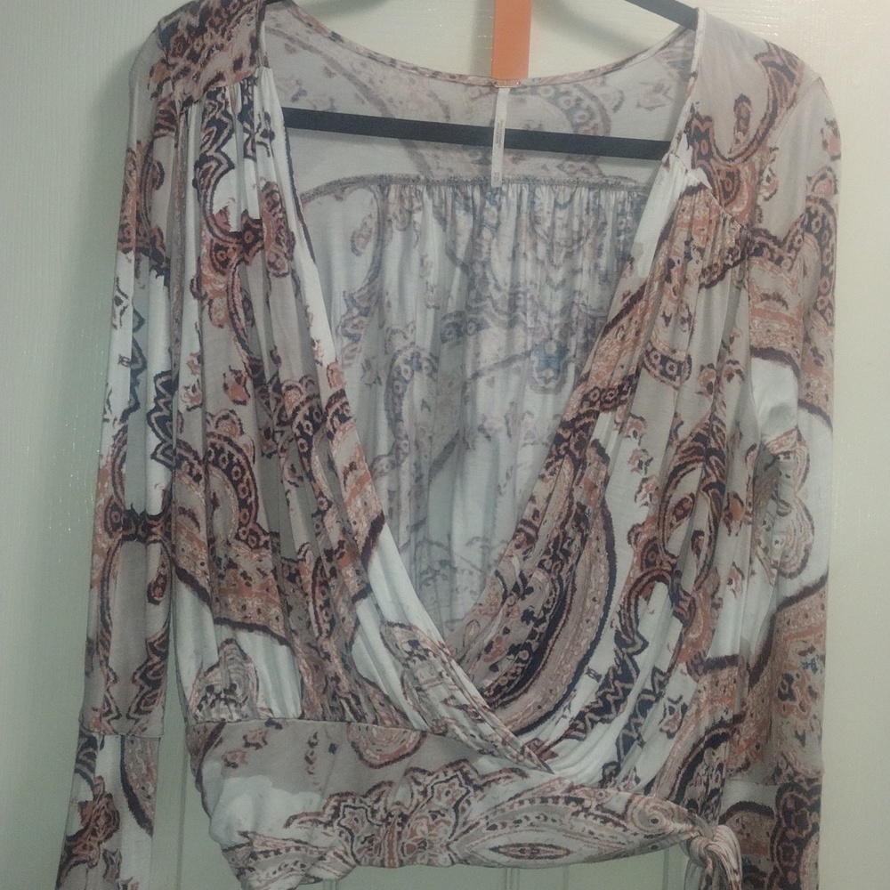 Free People White Wrap Blouse with Pink Paisley